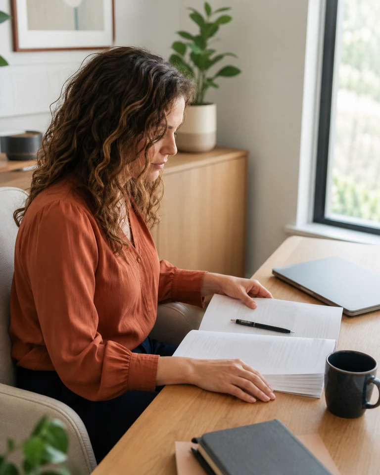 A person at a desk reading a printed report