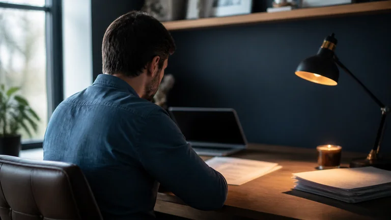 One sheet of paper under a lamp, the rest pushed into the shadow