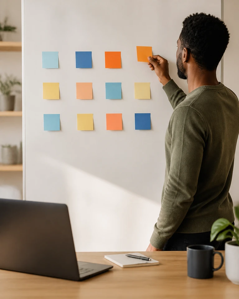 A person adding one more colored note to a row of them on a light board