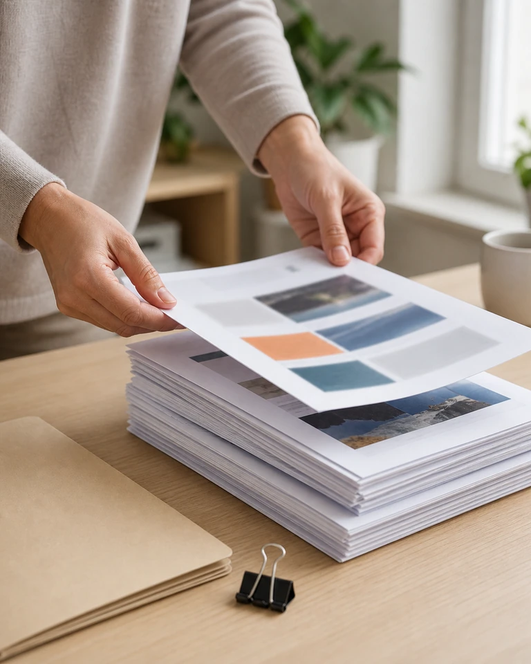 Hands stacking printed company material into a neat pile