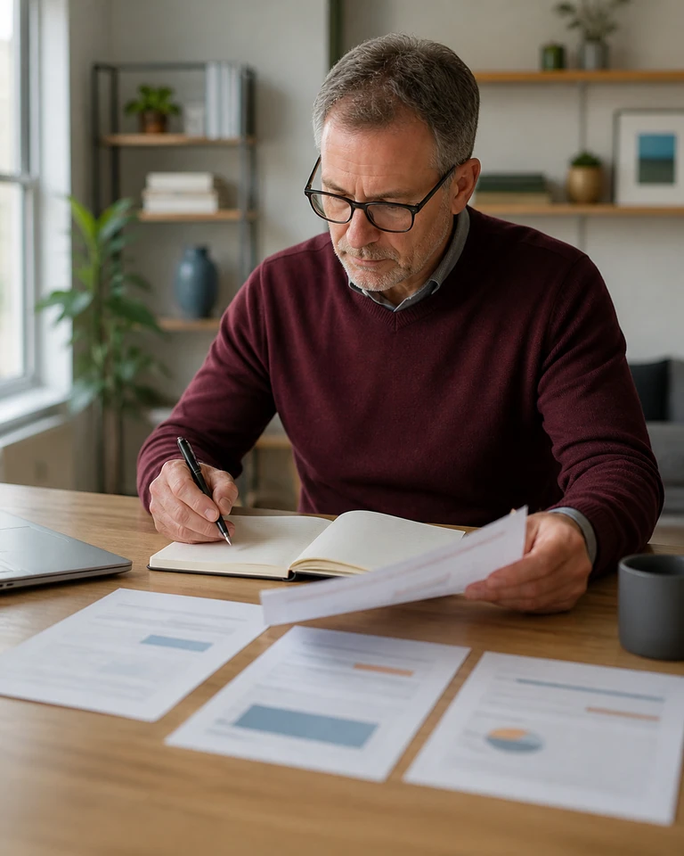 A person at a desk laying out printed pages and making notes in a notebook