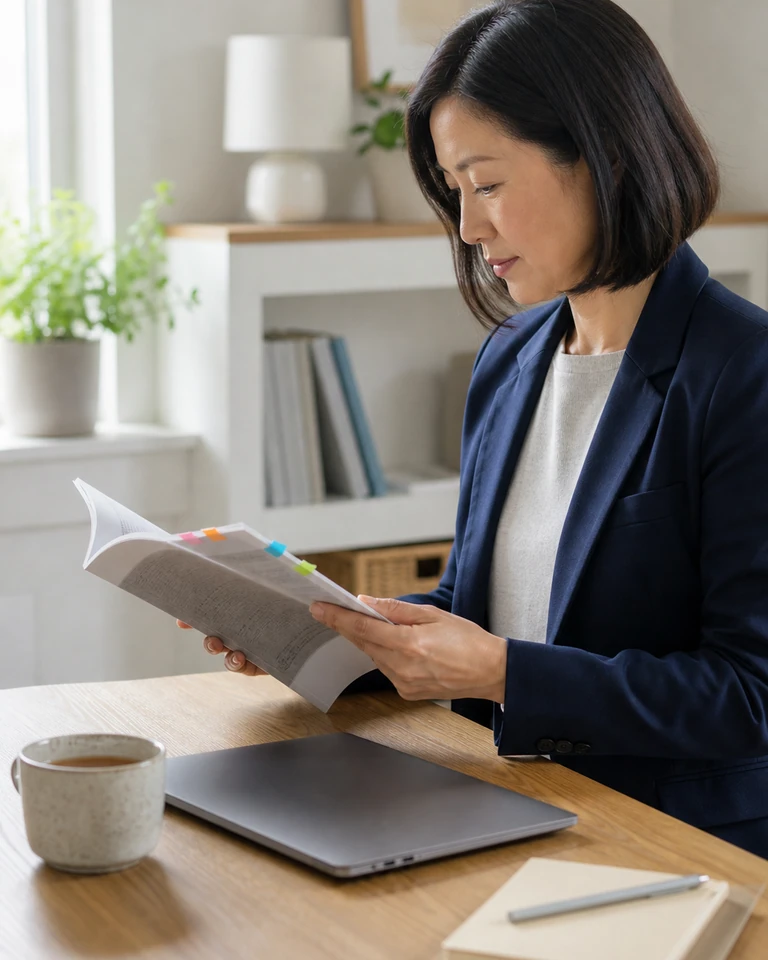 A person at a desk reading a printed guide with bookmarks in it